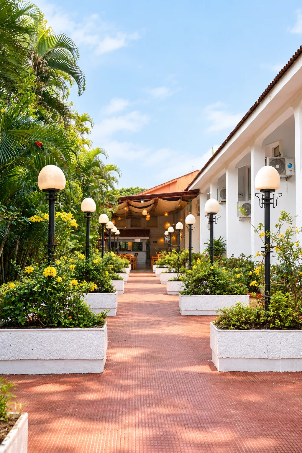 Garden Pathway with Classic Lamp Posts